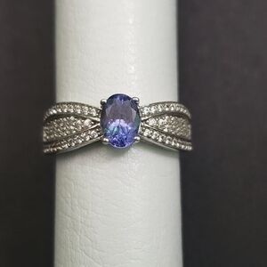 Sterling Silver Tanzanite And Pave Clear Stones Ring Size 8
